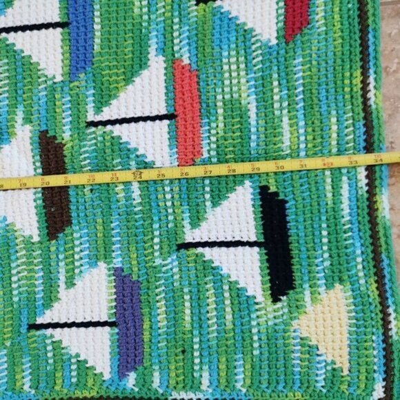 Handmade Crochet Sailboats Baby Blanket 23"x34" Nautical Blue Green Afghan Throw - Picture 5 of 7